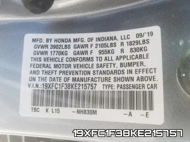 19XFC1F38KE215757 фото 2