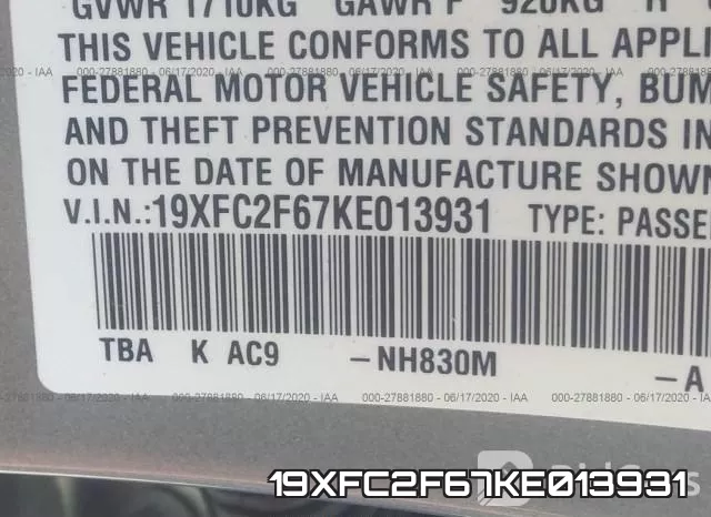 19XFC2F67KE013931 фото 10