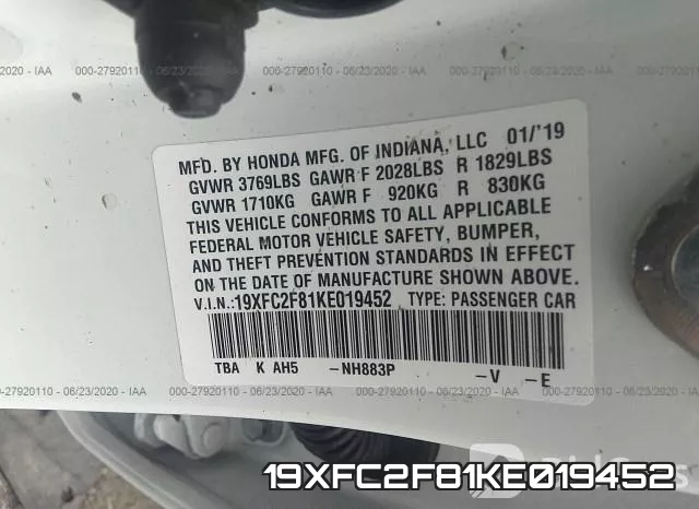 19XFC2F81KE019452 фото 10