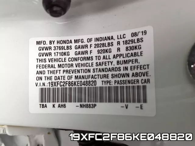 19XFC2F86KE048820 фото 2