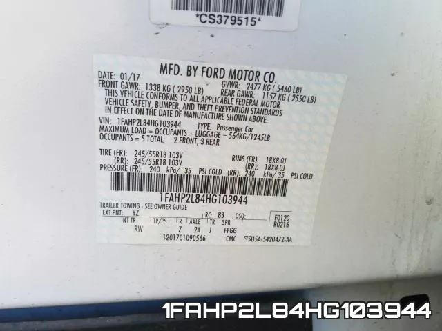 1FAHP2L84HG103944 фото 2