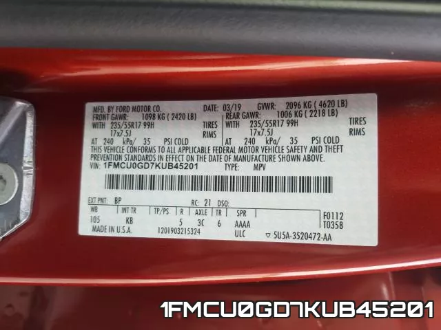 1FMCU0GD7KUB45201 фото 2