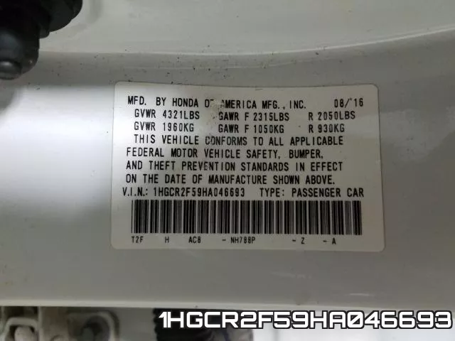1HGCR2F59HA046693 фото 2