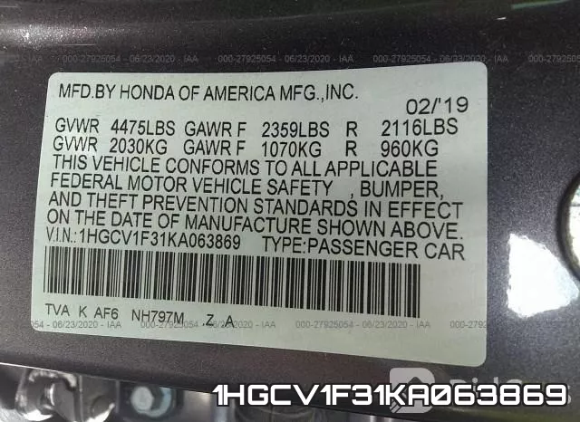 1HGCV1F31KA063869 фото 10