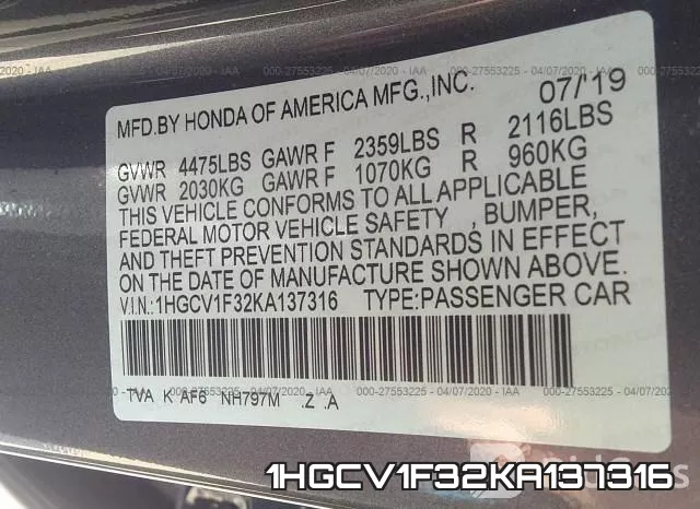 1HGCV1F32KA137316 фото 10