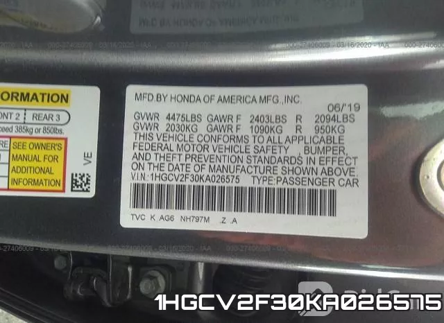 1HGCV2F30KA026575 фото 10