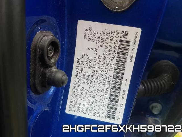 2HGFC2F6XKH598722 фото 2