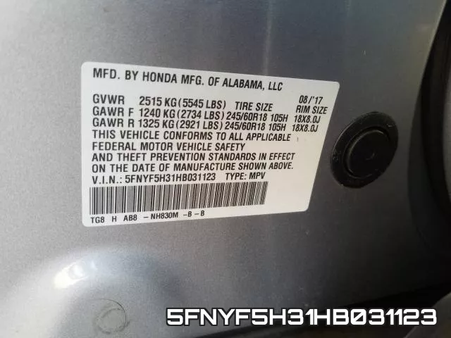 5FNYF5H31HB031123 фото 2