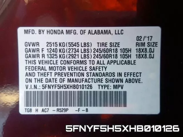 5FNYF5H5XHB010126 фото 2