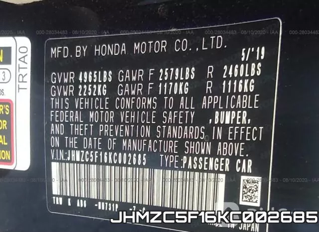 JHMZC5F16KC002685 фото 10