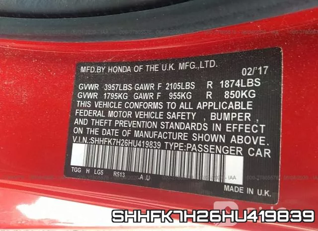 SHHFK7H26HU419839 фото 10