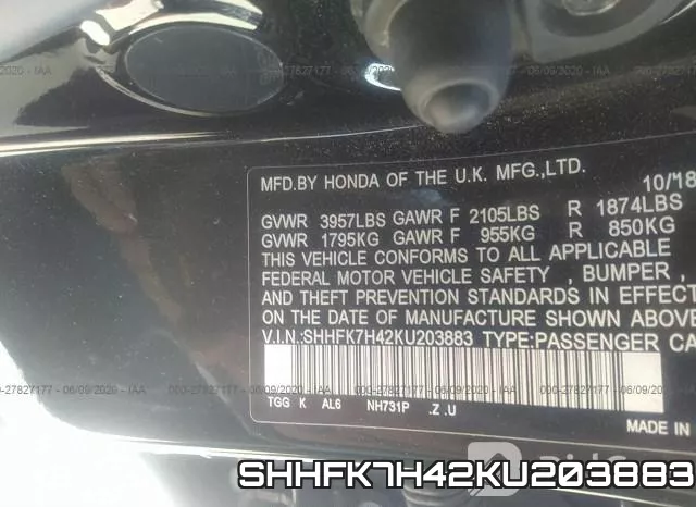 SHHFK7H42KU203883 фото 10
