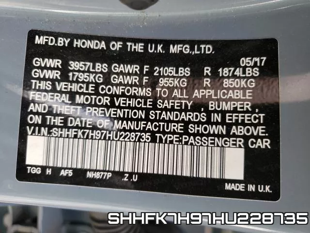 SHHFK7H97HU228735 фото 2