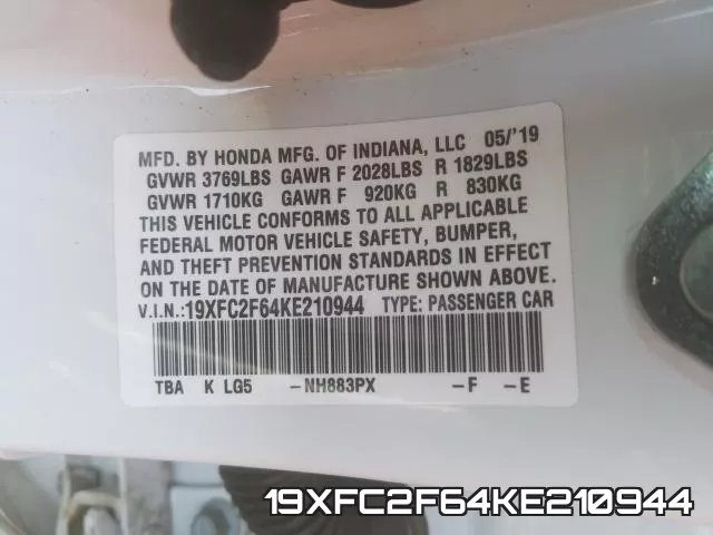 19XFC2F64KE210944 фото 2
