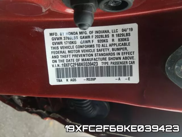 19XFC2F68KE039423 фото 2