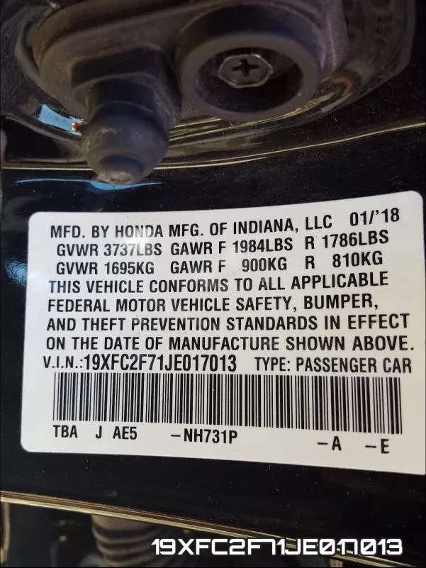 19XFC2F71JE017013 фото 2