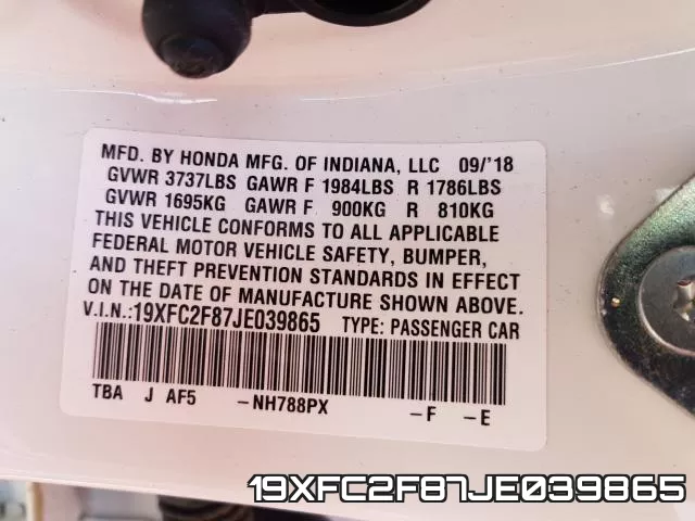 19XFC2F87JE039865 фото 2
