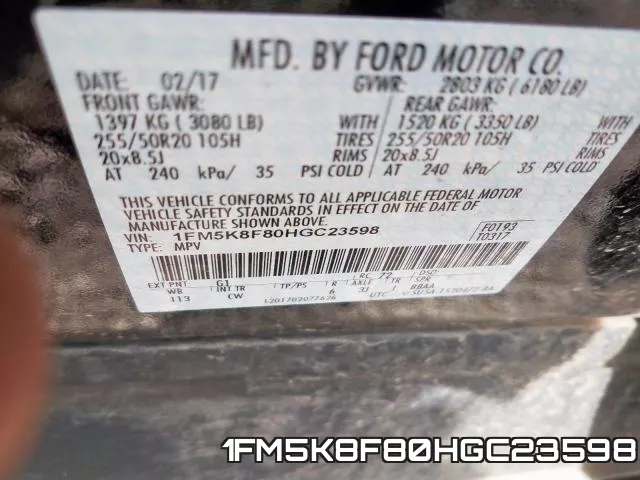 1FM5K8F80HGC23598 фото 2