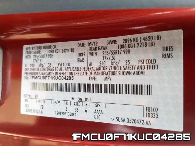1FMCU0F71KUC04285 фото 2