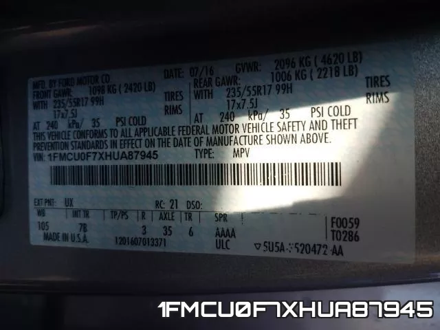 1FMCU0F7XHUA87945 фото 2
