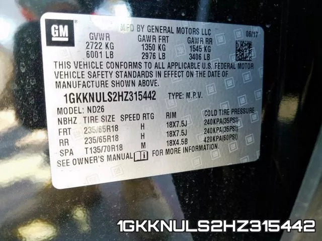 1GKKNULS2HZ315442 фото 2