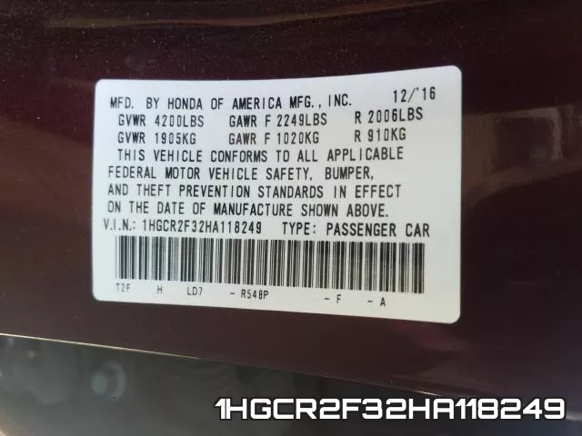 1HGCR2F32HA118249 фото 2