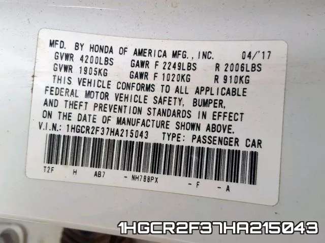 1HGCR2F37HA215043 фото 2