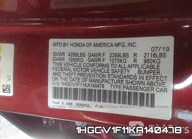 1HGCV1F11KA140478 фото 10