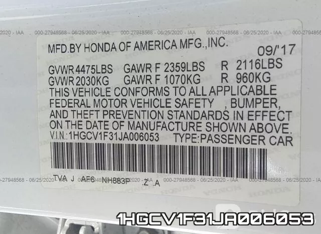 1HGCV1F31JA006053 фото 10