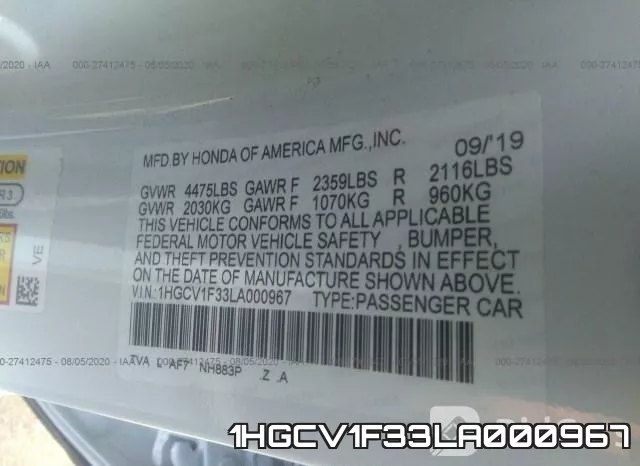 1HGCV1F33LA000967 фото 10