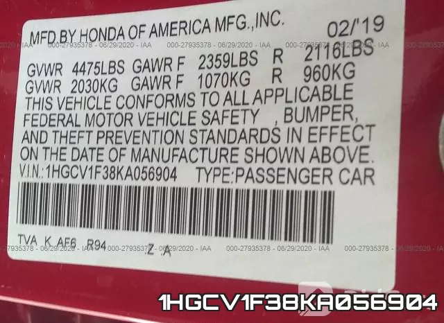 1HGCV1F38KA056904 фото 10