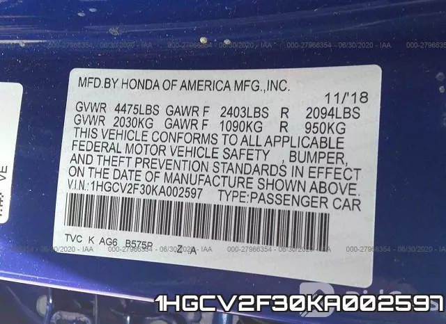 1HGCV2F30KA002597 фото 10