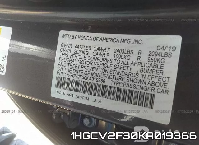 1HGCV2F30KA019366 фото 10