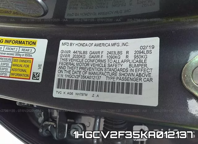 1HGCV2F35KA012137 фото 10