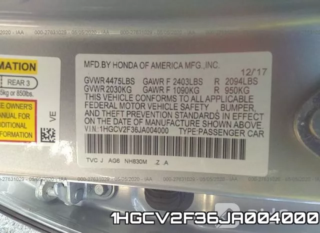 1HGCV2F36JA004000 фото 10
