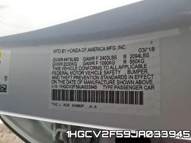 1HGCV2F59JA033945 фото 2
