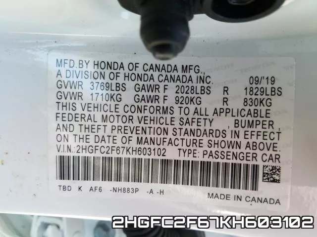 2HGFC2F67KH603102 фото 2