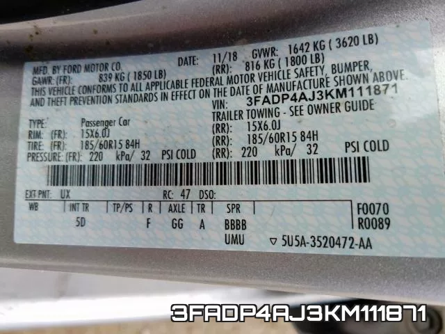 3FADP4AJ3KM111871 фото 2