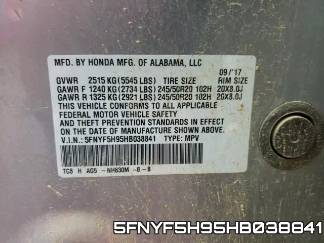 5FNYF5H95HB038841 фото 2