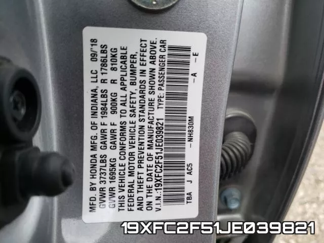19XFC2F51JE039821 фото 2