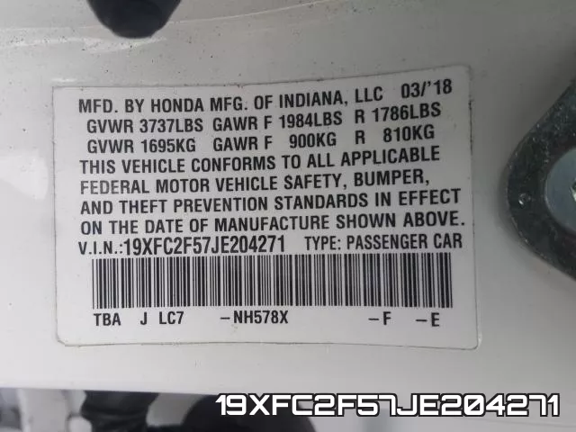 19XFC2F57JE204271 фото 2