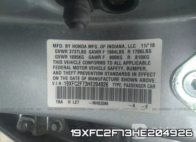 19XFC2F73HE204926 фото 10