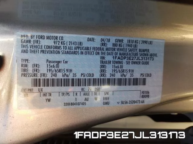 1FADP3E27JL313173 фото 2