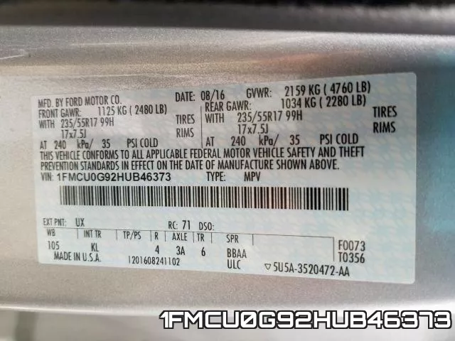 1FMCU0G92HUB46373 фото 2