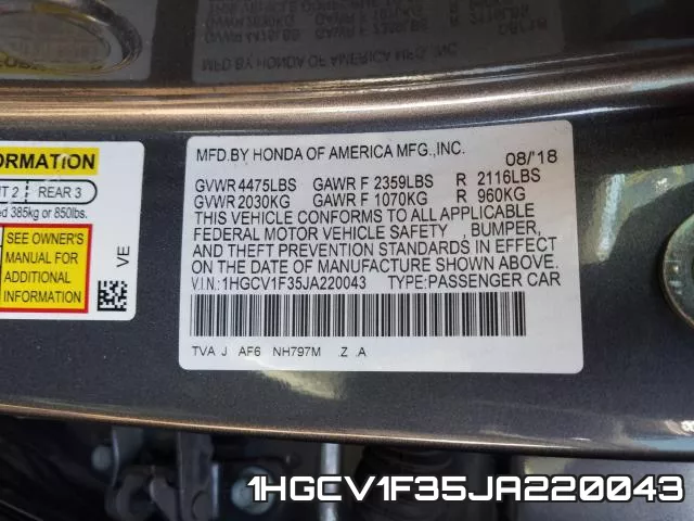 1HGCV1F35JA220043 фото 2