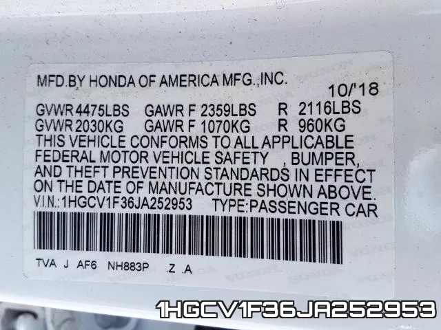 1HGCV1F36JA252953 фото 2