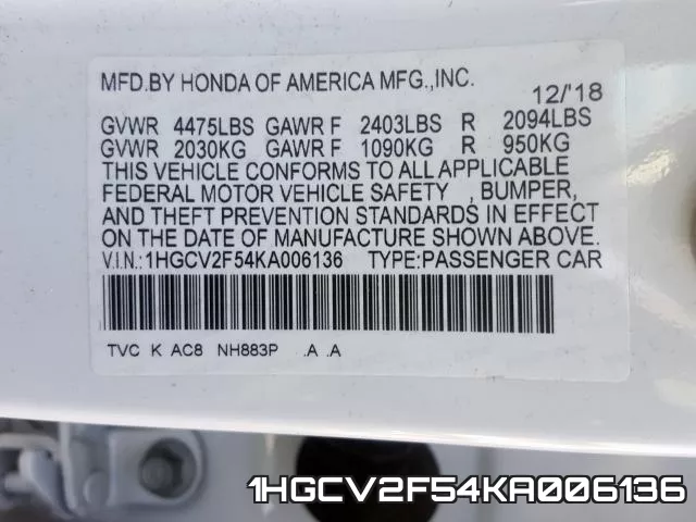 1HGCV2F54KA006136 фото 2