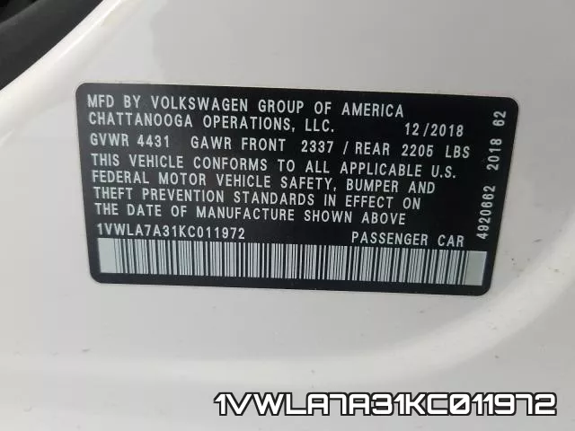 1VWLA7A31KC011972 фото 2
