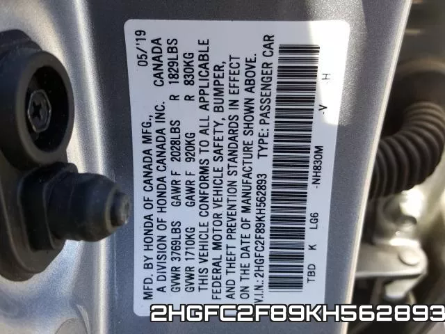 2HGFC2F89KH562893 фото 2