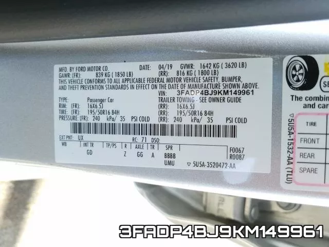 3FADP4BJ9KM149961 фото 2